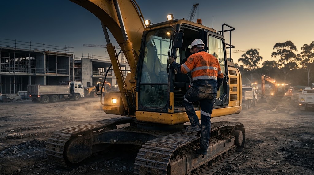 Excavator operator climbing into the cab at dawn